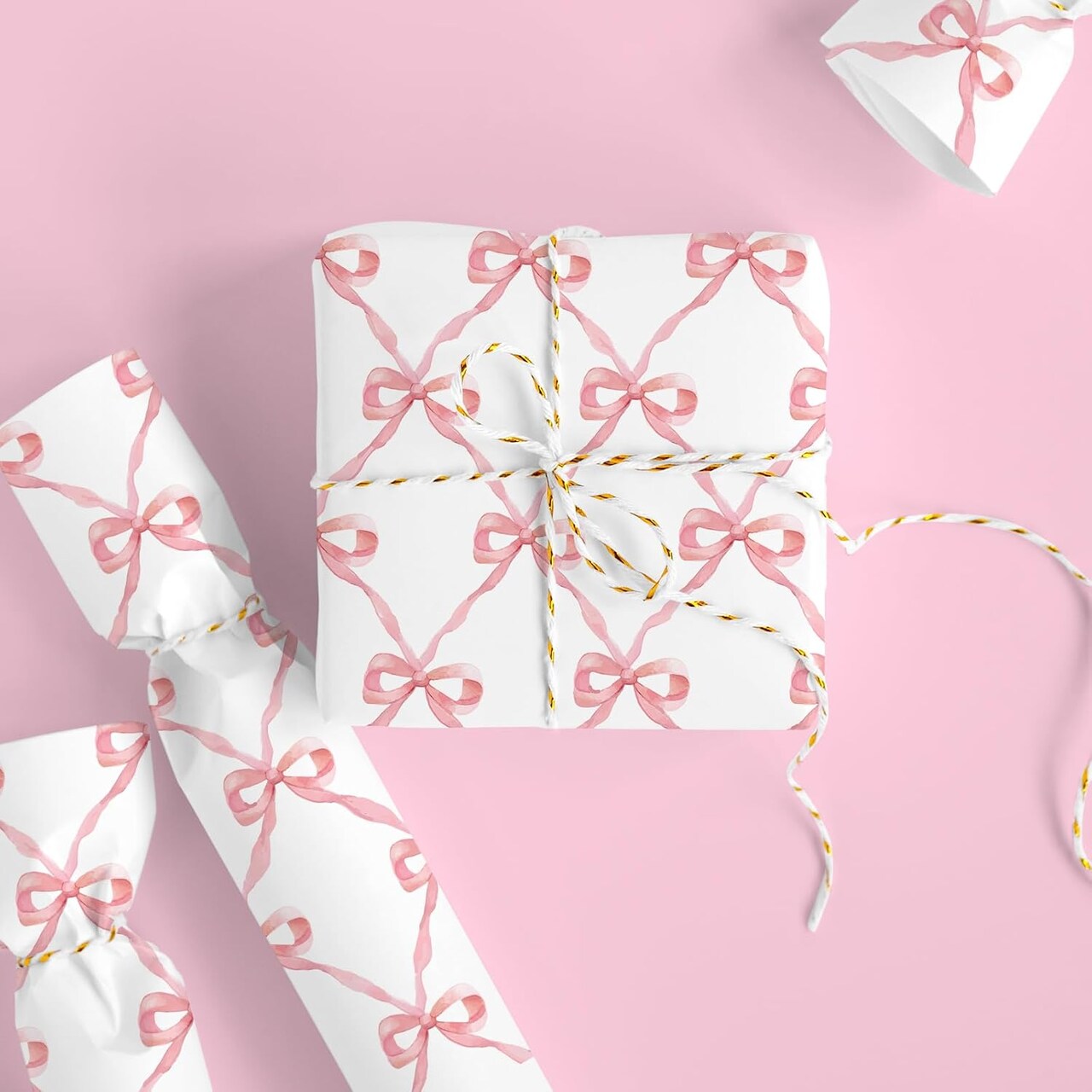 Pink Bow Wrapping Paper -Mini Roll- 17In x 32.8Ft White Pink Ribbon Bow Gift Wrap Paper Watercolor Craft Paper for Birthday Wedding Party DIY Supplies